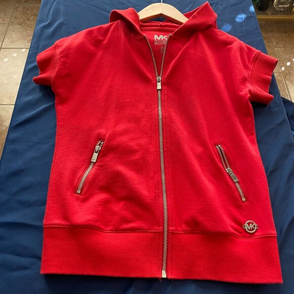 Michael Kors Sz SMALL Hoodie Full Gold Zip French Terry Knit Red Top - Picture 5 of 6